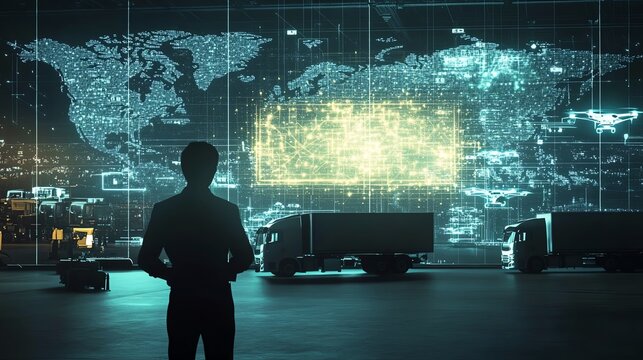 Silhouette of a person in a futuristic control room with digital world map and trucks, symbolizing global logistics and technology.