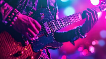 Obraz premium Musician performing electric guitar solo at a vibrant live concert under colorful stage lights during an energetic evening show