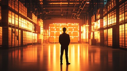 Silhouette of a person in a modern data center, surrounded by glowing servers and technology, creating a futuristic ambiance.
