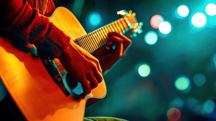 Naklejka premium Musician performing electric guitar solo at a vibrant live concert under colorful stage lights during an energetic evening show
