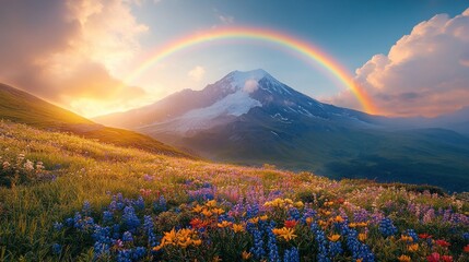 Mountain Peak with Rainbow and Wildflowers at Sunset