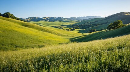 Fototapeta premium Lush green hills under a bright blue sky with distant mountains during early morning light in a tranquil landscape