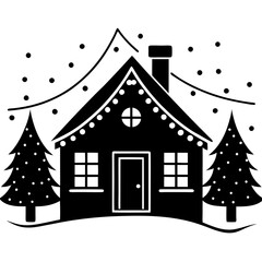 Minimalist Silhouette of a Snow-Covered House with Christmas Lights on a White Background