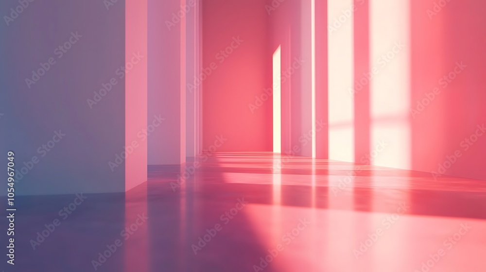 Poster a modern, minimalistic hallway illuminated by colorful light, creating a serene and artistic atmosph