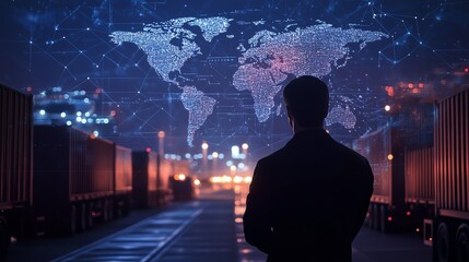 Silhouette of a person standing in a futuristic city, observing a digital world map overlay with glowing network connections.