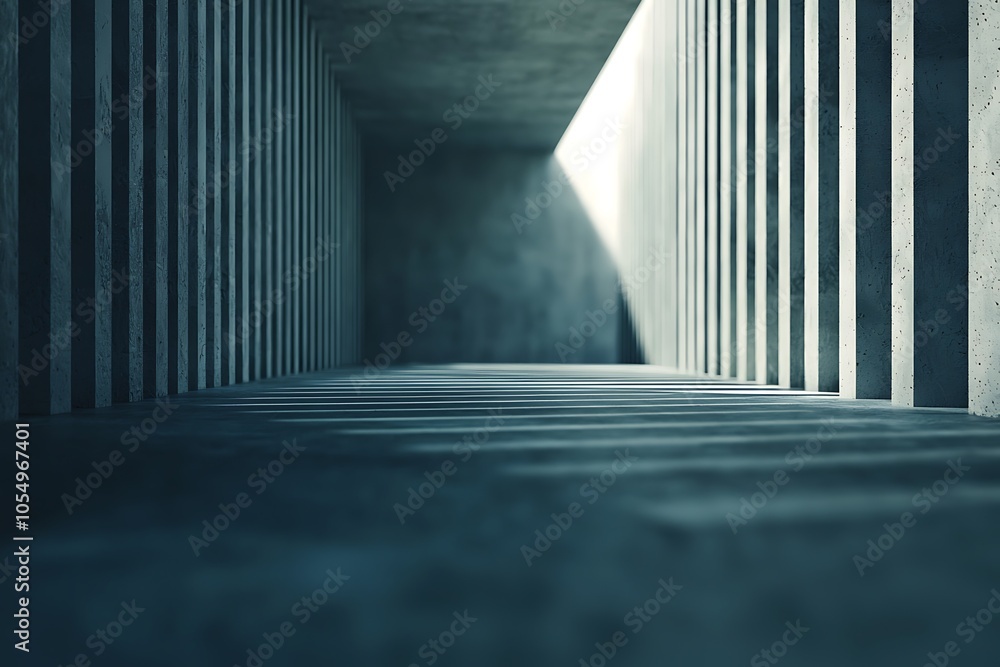 Poster a minimalist concrete corridor with dramatic lighting, creating an atmosphere of depth and perspecti