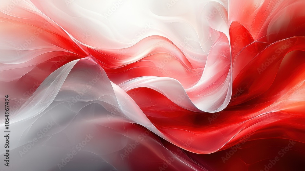 Poster abstract flowing fabric in red and white colors creating a visually captivating texture with gentle 