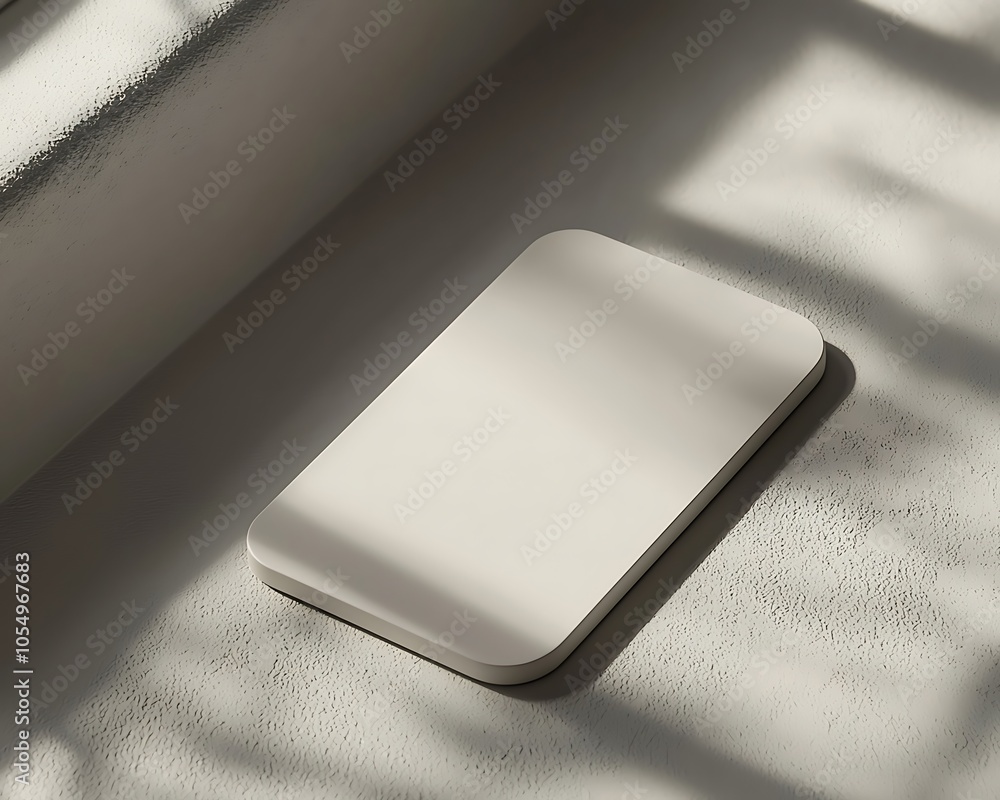 Poster a minimalistic rectangular object rests on a textured surface, illuminated by soft shadows, creating