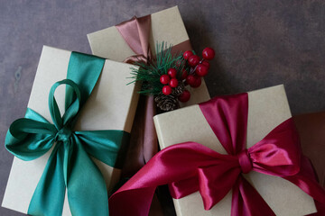 Christmas Concept, Gift Boxes with satin Ribbons