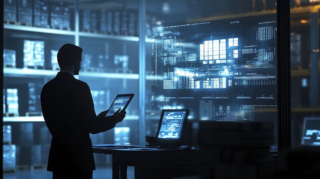 Silhouette of a person using digital technology in a modern data center, surrounded by futuristic screens and servers. - Powered by Adobe