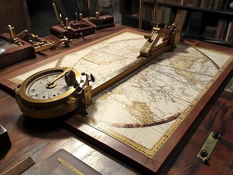 Analog Planimeter Measuring Intricate Brass and Glass Mapping Device on Classic Mahogany Desk Surface
