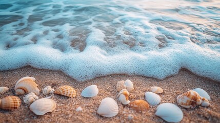 Seashells scattered on sandy beach with gentle waves lapping at shore under a clear blue sky during daytime