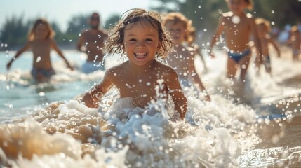 Obraz premium A family playing together in the shallow waves at the beach, building sandcastles and splashing water with joy 