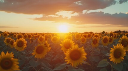 Fototapeta premium A golden sunset casts warm light over a vast sunflower field in bloom under a colorful sky
