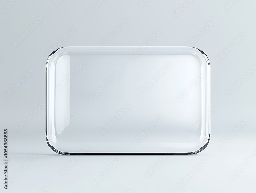 Poster a minimalist clear glass tray on a light backdrop, emphasizing transparency and simplicity in design