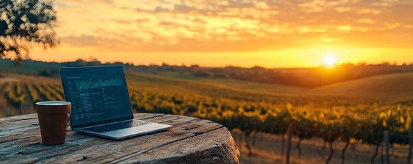 Laptop and Coffee in a Vineyard at Sunset.