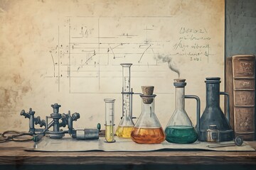 Naklejka premium Vintage Scientific Illustration with Chemistry Lab Equipment 