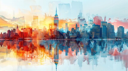 a us flag with new York skyline double exposure, light colors, clean modern look for financial newsletter service