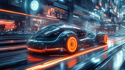 Fototapeta premium Futuristic autonomous vehicles traveling on illuminated tracks in a high-tech transit hub at night