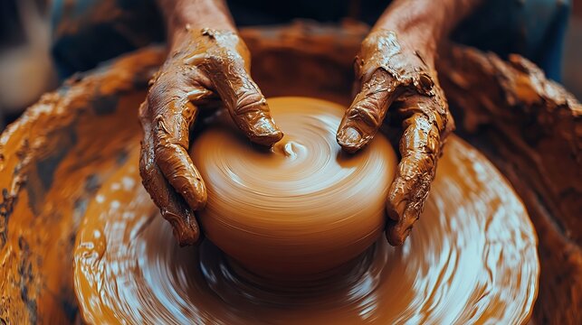 Crafting a clay pot by hand during pottery session in a rural workshop surrounded by natural light and earthy materials