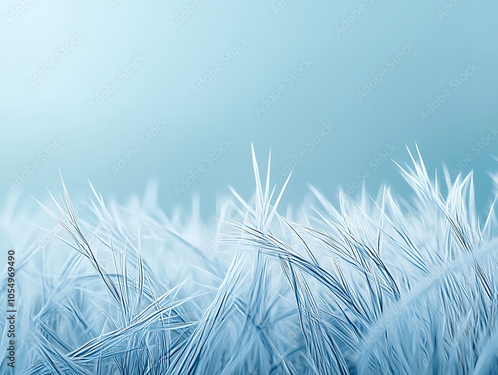Poster a soft focus on frost-covered grass, creating a serene and cool atmosphere with a light blue backgro