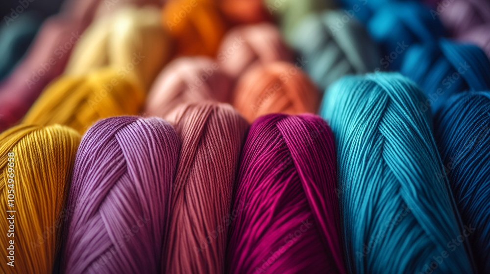 Poster vibrant display of colorful yarn spools arranged neatly in a craft store aisle for creative projects