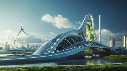 Obraz premium Innovative green architecture blending with rolling hills in a tranquil landscape filled with wind turbines and vibrant greenery