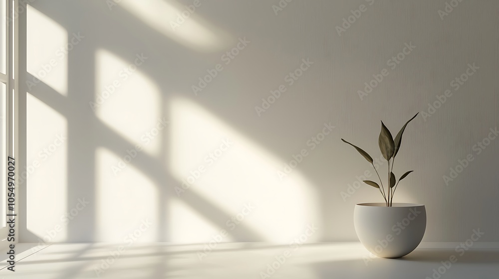 Poster a minimalist scene featuring a potted plant on a table, with soft shadows cast by sunlight filtering