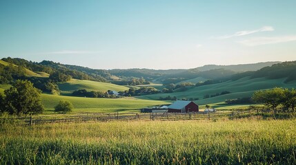 A serene rural landscape at sunrise with rolling green hills and a red barn in the foreground, showcasing tranquil countryside beauty