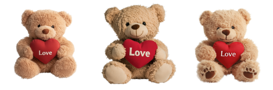 Set of adorable teddy bear holding a heart-shaped pillow with "LOVE" text isolated on a transparent background - Powered by Adobe