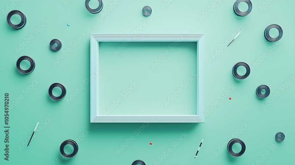 Poster a minimalist scene featuring a mint green background with an empty frame surrounded by decorative ci