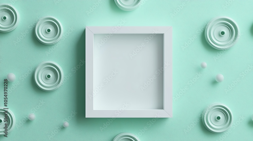 Poster a minimalistic display featuring a white frame on a textured mint background, surrounded by circular