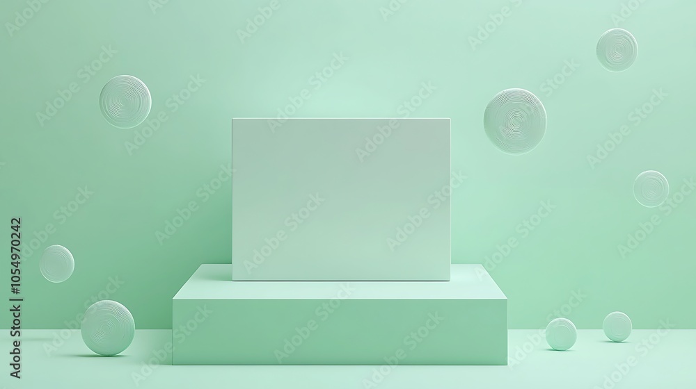 Poster a minimalist scene featuring a white box on stacked platforms against a soft mint green background, 
