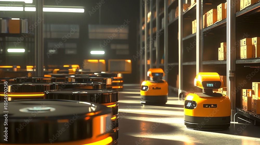 Poster warehouse robotics technology with autonomous robots organizing products on shelves in a modern logi