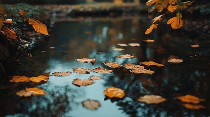 Colorful autumn leaves float on the surface of a serene rain-soaked stream in a peaceful forest setting