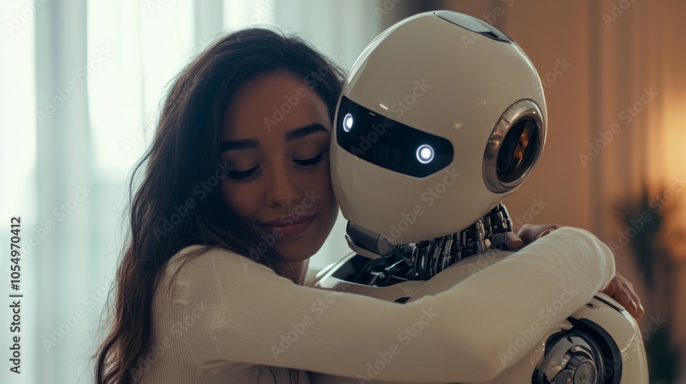 Poster a woman is hugging a robot