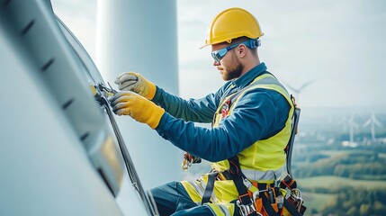 Worker in safety gear performs maintenance on wind turbine at high altitude, ensuring functionality and safety in renewable energy industry.
