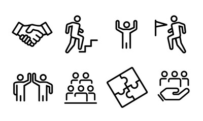collaboration team building cooperation icon set collection line stroke outline simple illustration handshake puzzle