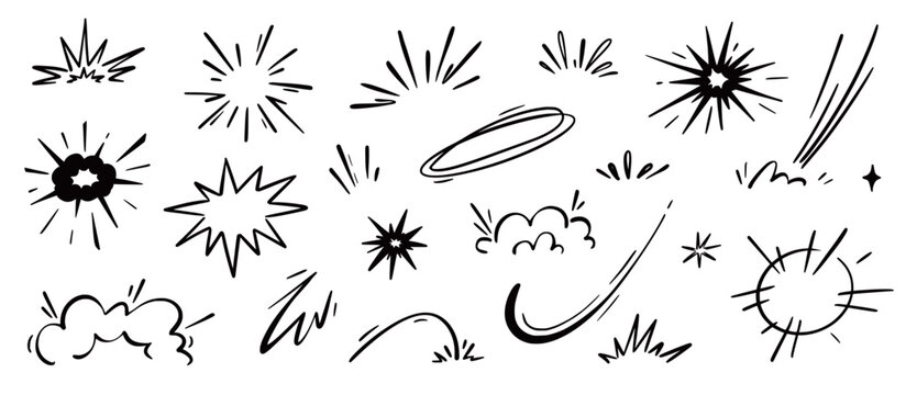 Comic cartoon boom speed effect, explosive motion line element set. Comic boom burst, explosive smoke, line speed cartoon vector icon. Hand drawn sketch doodle action effect. Vector illustration..
