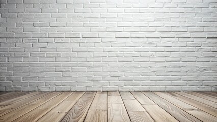 Fototapeta premium White brickwork wall with wooden floor background