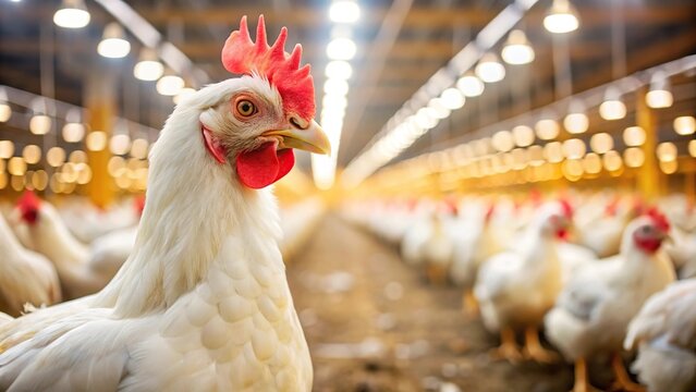 White broiler chicken standing on a poultry farm