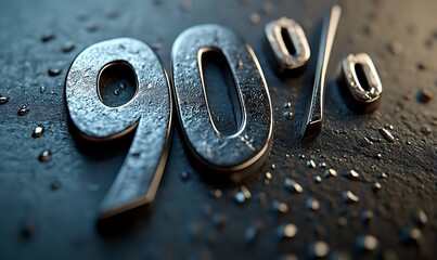  90 percent 3d metal text isolated on white, 3d render illustration design 