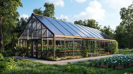 Obraz premium A modern greenhouse nestled in a lush garden, surrounded by vibrant plants and trees under a clear blue sky, showcasing nature's beauty.
