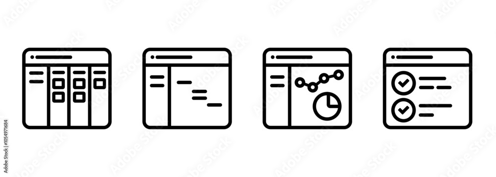 Poster project management software icon set stroke outline illustration symbol of kanban board gantt chart 