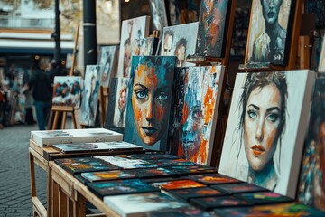 Fototapeta premium Vendor selling street art from a small stand. The paintings and drawings are displayed on easels and tables, Generative AI 