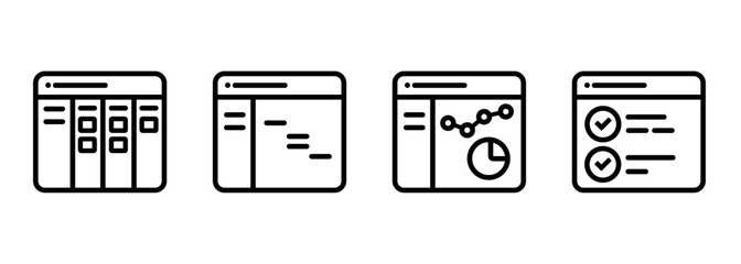 Project management software icon set stroke outline illustration symbol of kanban board gantt chart layout interface