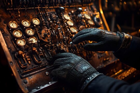 Ornate Steampunk Inspired Telephone Switchboard with Gloved Hands Operating Intricate Brass and Copper Mechanisms - Powered by Adobe