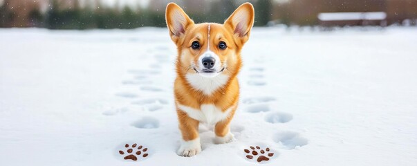 A playful corgi dog standing on snow, following its paw prints. The scene captures the wintery atmosphere with bright, cheerful expressions.