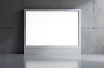 Front view on blank white billboard with place for your text or logo in the center of empty room with glossy floor and dark grey wall background
