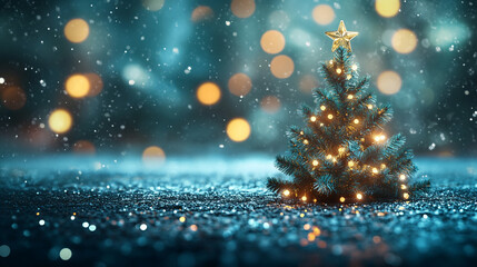 Naklejka premium A beautifully lit Christmas tree surrounded by falling snowflakes and shimmering lights at night